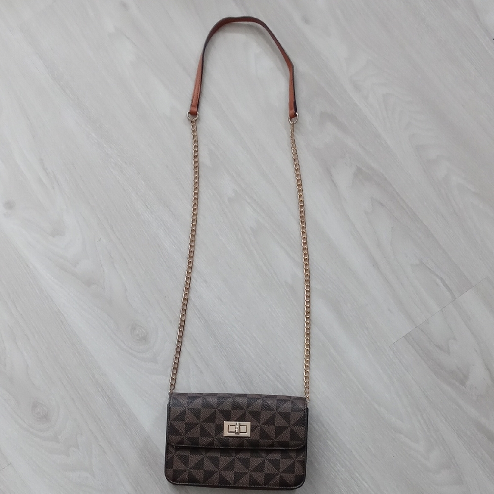 Brown Patterned Crossbody Bag with Gold Chain Strap